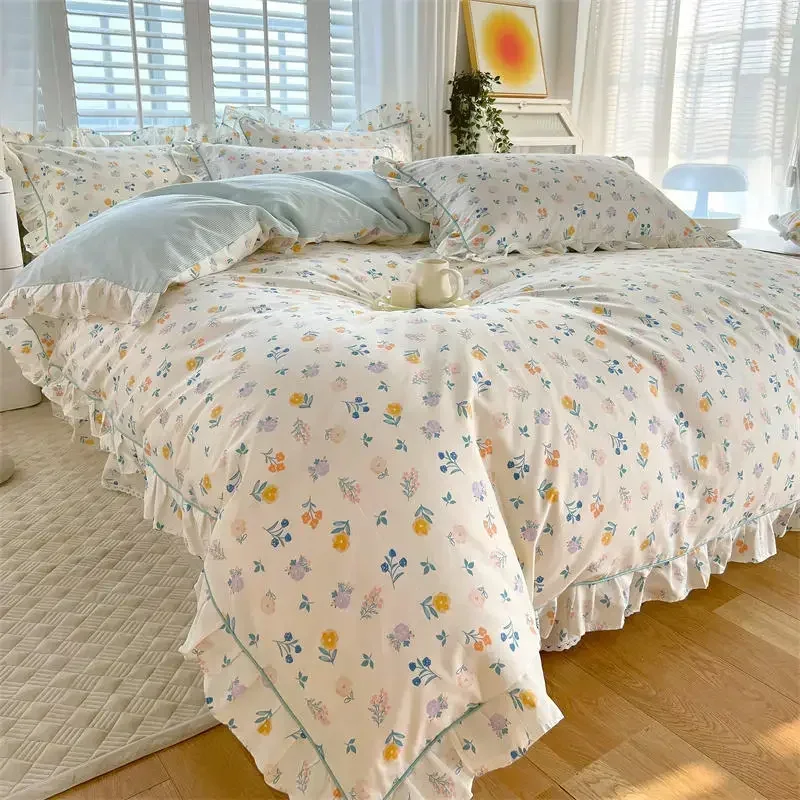 Lace Duvet Cover Single Style Floral Bedding Set Cotton Comforter Green Double Korean Quilt Cover Kawaii Ruffle Flower Bedspread