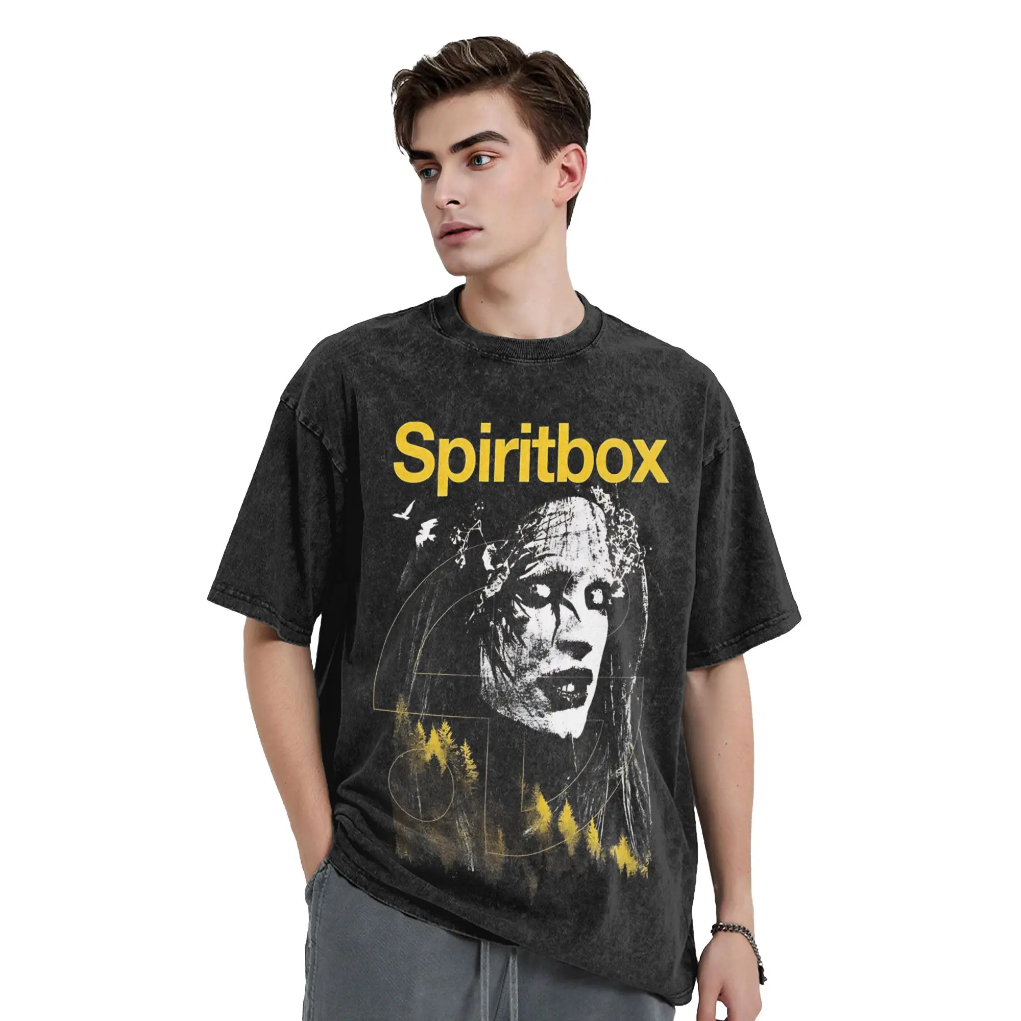 spiritbox logo essential  Vintage Washed T-Shirt Men Cotton Tops Casual  Crewneck Short Sleeve