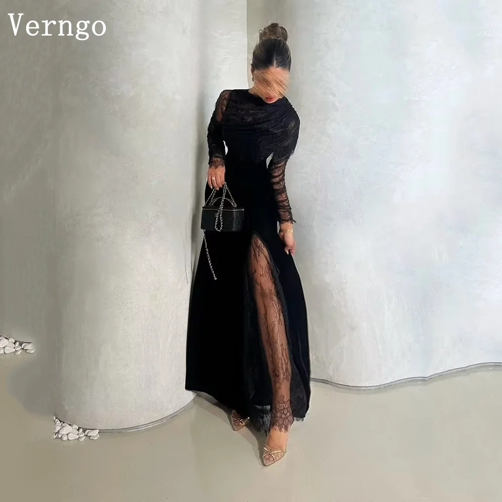 

Verngo Black Velvet Evening Dress Lace Neck Full Sleeves Mermaid Maxi Formal Occasion Dress Elegant Arabia Prom Gown Customized