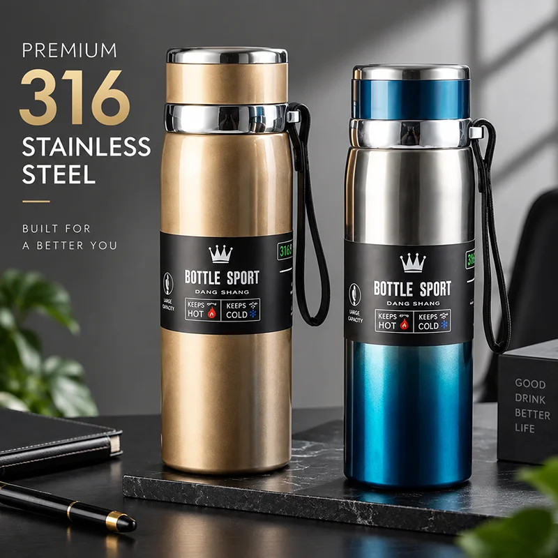 1000ml 316 Stainless Steel Insulated Water Bottle Sports Thermos Cup with Lanyard for Outdoor Travel Daily Use Hot Cold Large