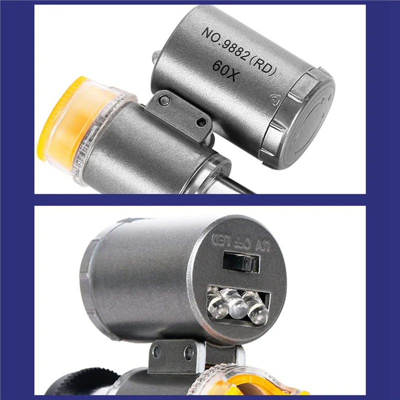 2 conjuntos 60x mini microscópio de bolso joalheiros lupa com luz uv led lupa portátil a
