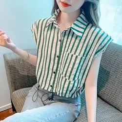 Casual Fashion Flying Sleeves Striped Shirt for Women's 2024 New Summer Popular Drawstring French Short Sleeves Commuting Top