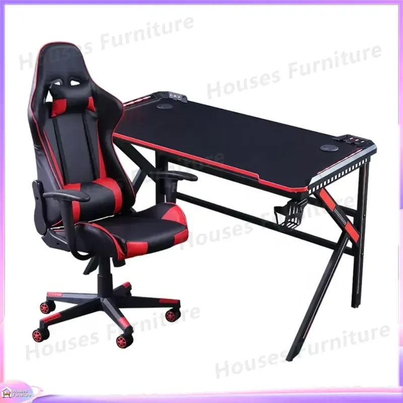 Large Black Metal Height Adjustable LED Gaming Desk for Laptop PC Computer with Cable Management Racing Style