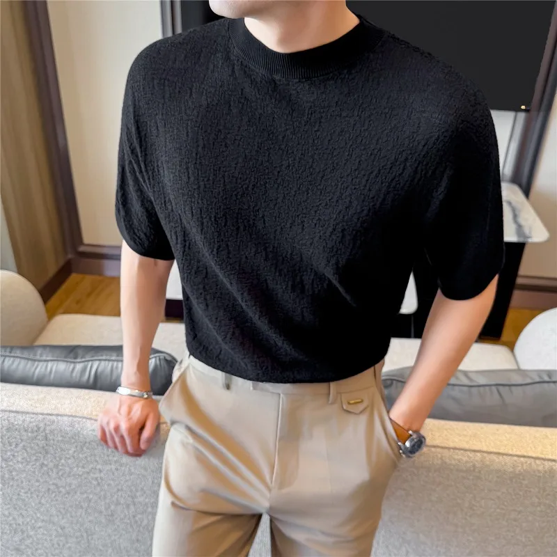Lyocell Short Sleeved T-shirt Men Summer Round Neck Knitted Sweater Loose Casual Raglan Sleeves Tshirts Cool Business Base Shirt