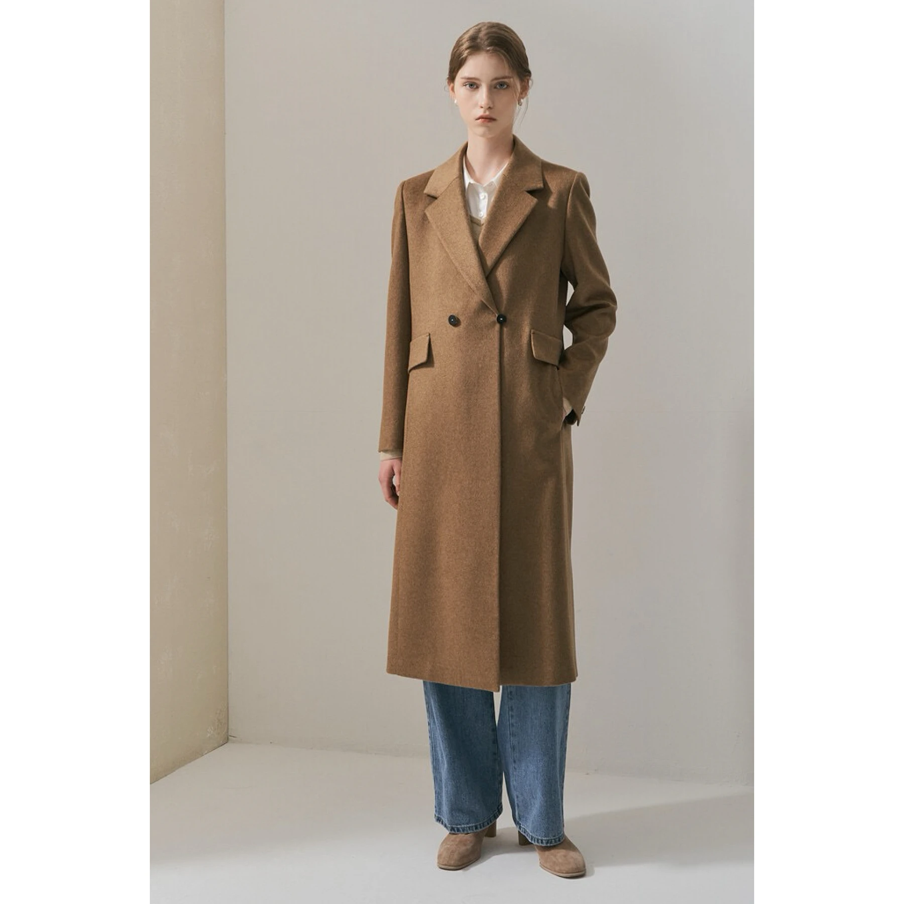 Double-Sided Hand-Sewn Woolen Coat Lemon Cheese Style Autumnal Elegant Suit Collar Versatile Slimming Split Commute Straight-...