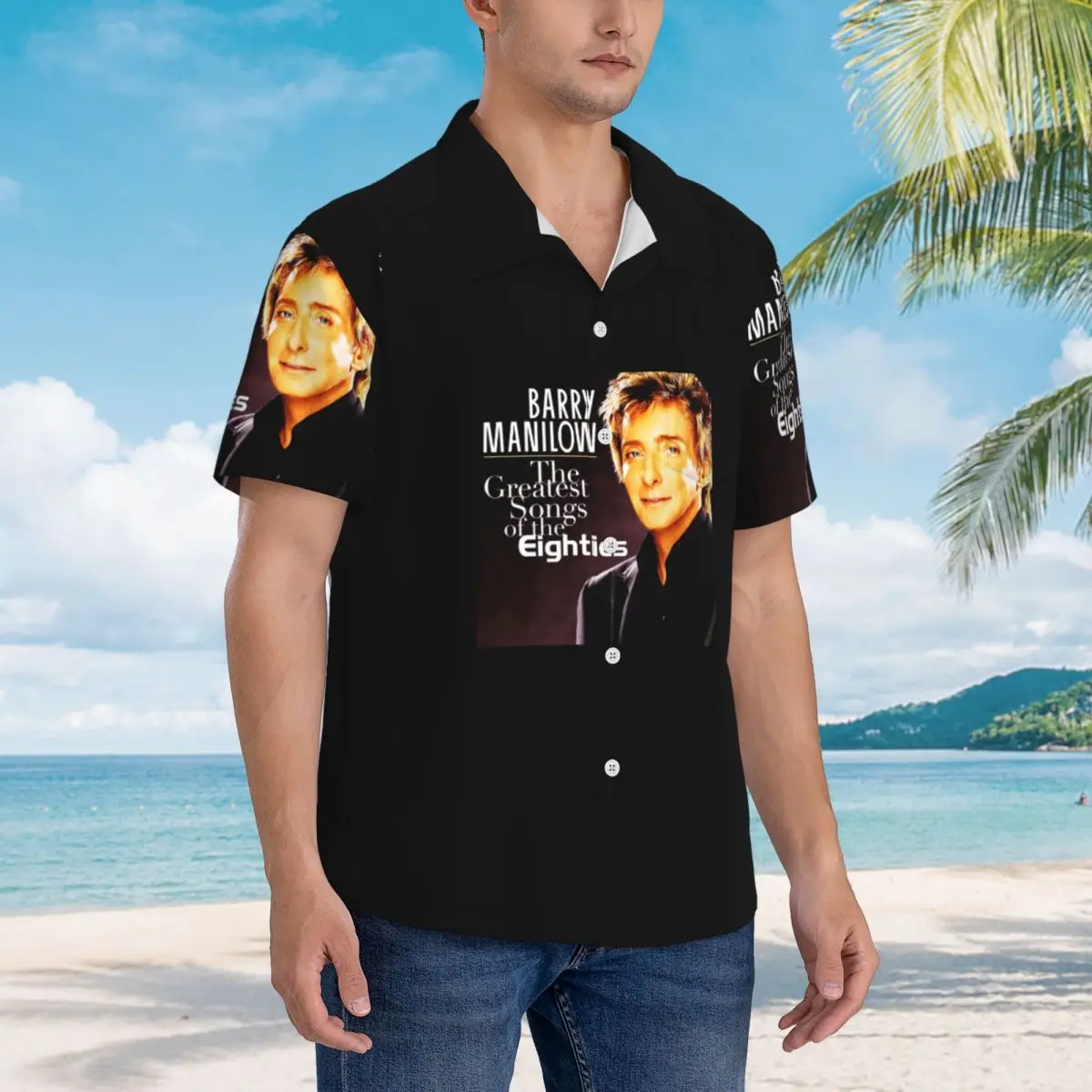

Популярные гавайские рубашки с музыкантом Barry Manilow, модная мужская рубашка с коротким рукавом для лета, пляжа, мужские топы с лацканами