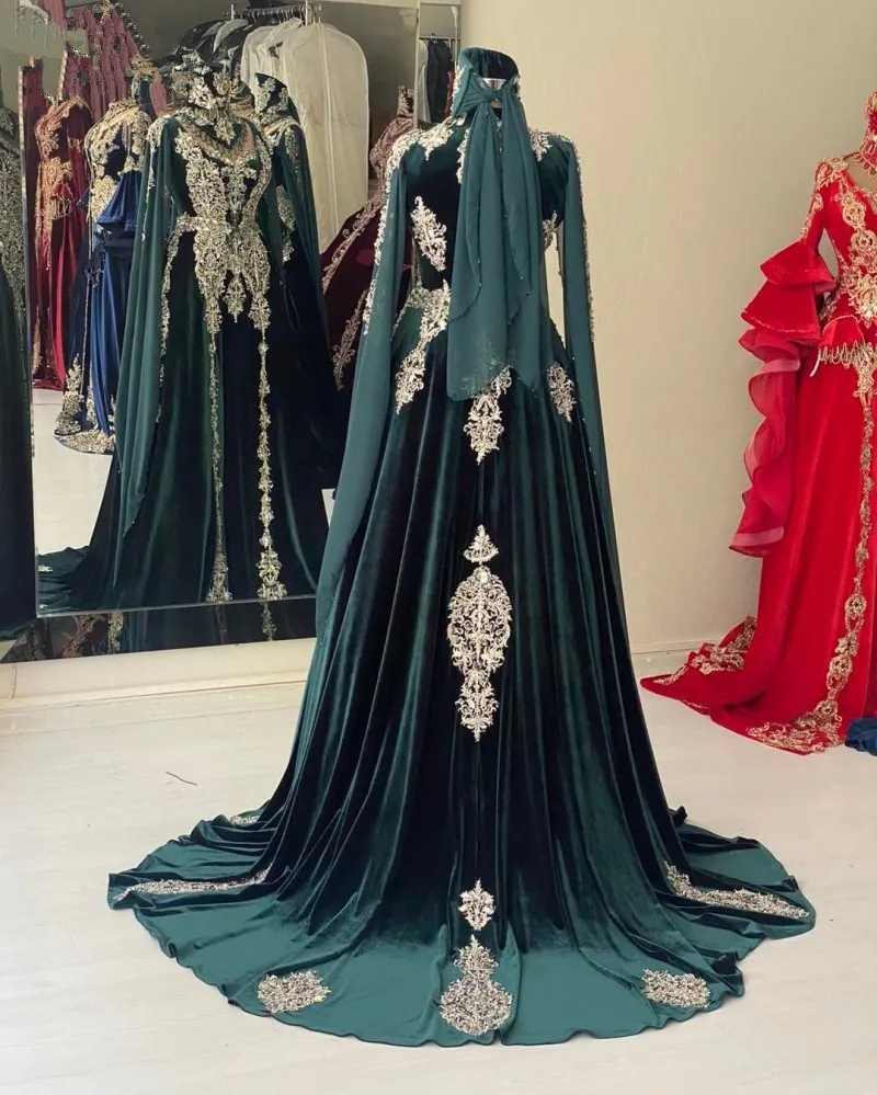 Hunter Green Velvet Moroccan Caftan Evening Dresses customsized Lace Applique Crystal Arabic Kaftan Prom Outfit Gown
