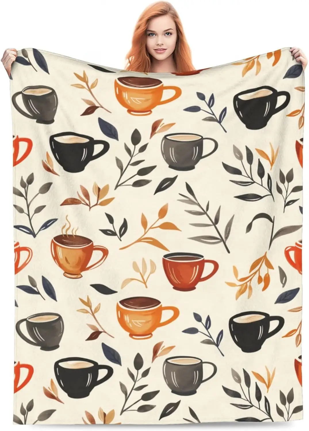Super Soft Flannel Throw Blanket Coffee Mug Pattern Fall Autumn Botanical Print Cozy Plush Lap Throw for Couch Home Decor Gift