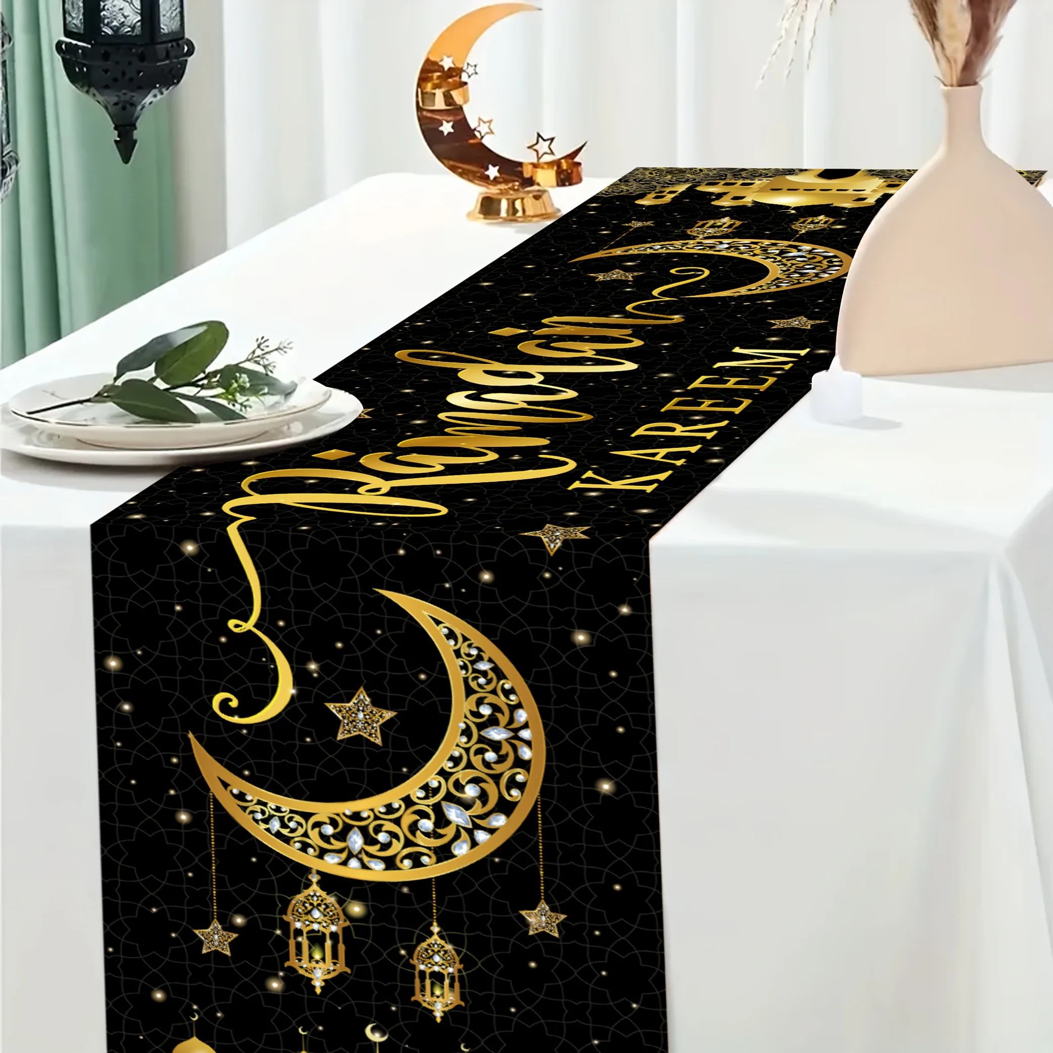 1pc Ramadan Kareem Table Runner - Linen 2D Print Black & Gold Moon & Mosque Design, Perfect for Kitchen Dining Table Decor & Hol