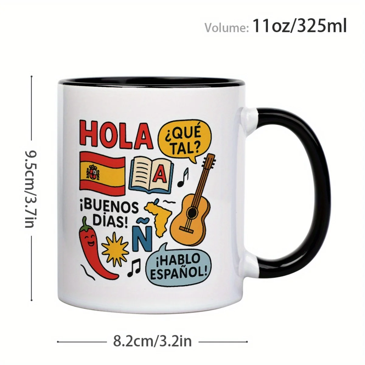 1 X 11 oz Fun Spanish Coffee Mug - Hola Buenos Días! Guitar, Flag, and Chili Pepper Design - Colorful Learning Mug, Suitable for Tea/Coffee Lovers, Bilingual Gift, for Home or Office Use, Beautifully Printed, Perfect Choice for Language Learners and Coffee Enthusiasts