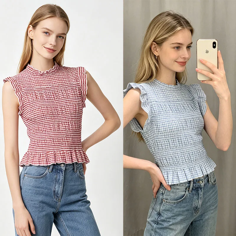 2026 Summer Women's Plaid Sleeveless Top - Sweet Round Neck Smocked Ruffle Blouse, Casual Chic Shirt
