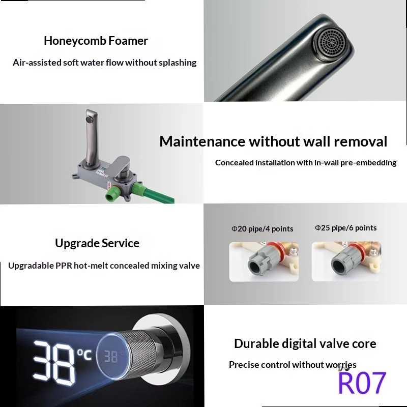 Dark In-Wall Digital Display Pre-Embedded Brass Basin Mixer Tap with Concealed Box