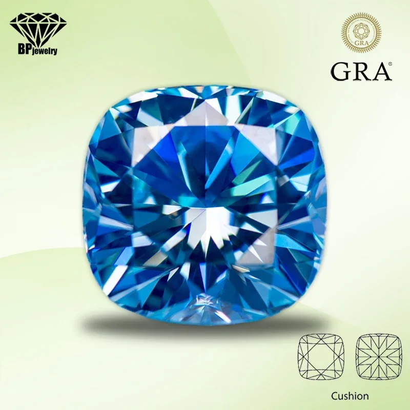 

Moissanite Diamond Aquamarine Color Cushion Cut Lab Created Gemstone for DIY Women Jewelry Making Materials with GRA Certificate