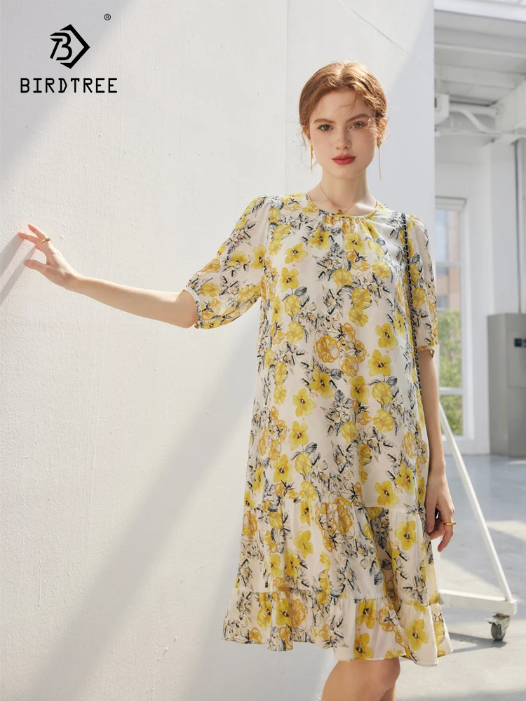 

Birdtree 100%Mulberry Silk Short Sleeved Dress Women O-Neck Floral Loose Fitting Doll Dresses 2023 Spring/Summer New D37522QC