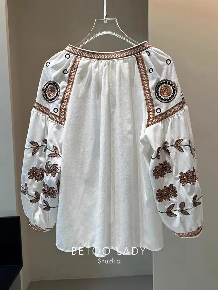 Neue Herbst Stickerei Baumwolle Len Shirts und Bluse frauen Laterne Hülse Top Blusas Frauen Kleidung