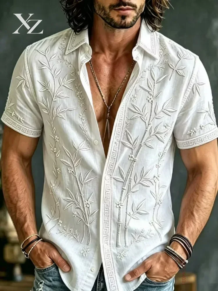 Men's Bamboo Floral Print Short Sleeved Shirt, Versatile Casual Top for Daily Commuting and Travel