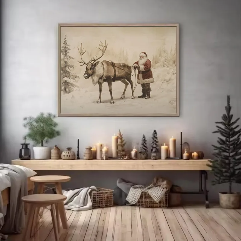 1pc frameless Canvas Painting Vintage Santa Pine Tree Stems Sleigh Winter Botanical Christmas Holiday Poster Canvas Painting Wal view 3