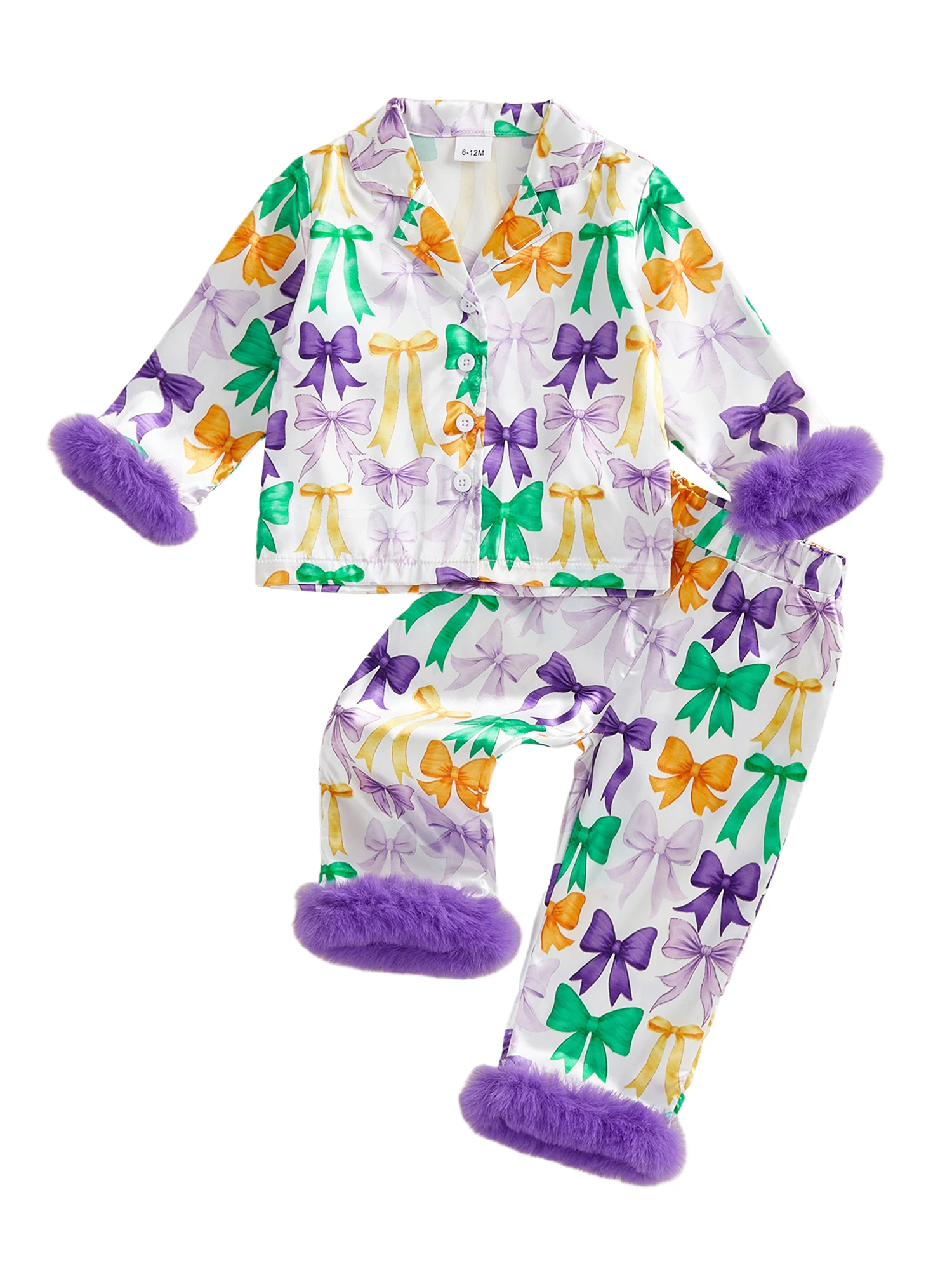 طقم بيجامة رائع للأطفال الأولاد MardiGras مع طباعة ملونة وحواف فرو مريحة - بلوزات وسراويل متطابقة مع أزرار سفلية