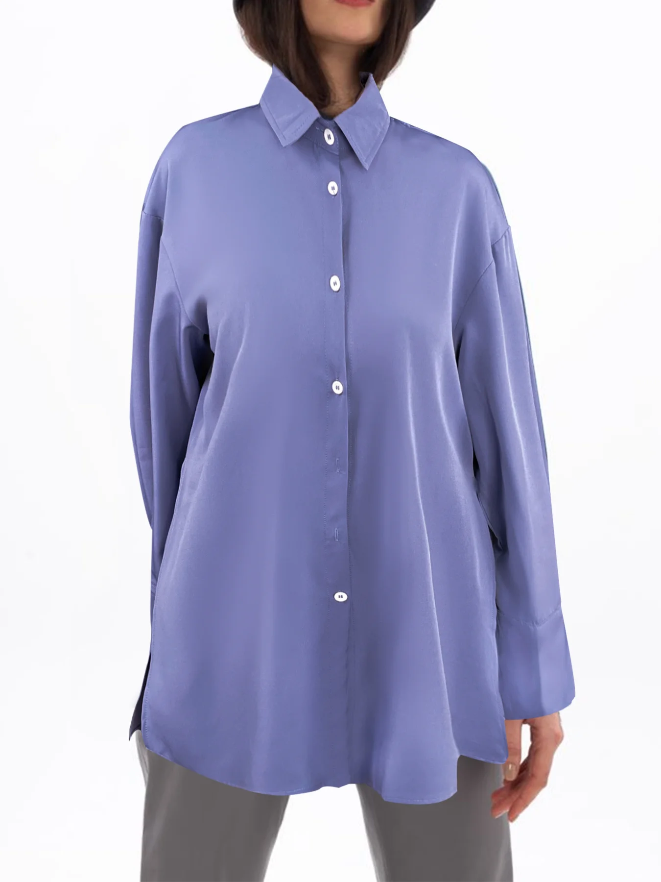 Camisa con botones de manga larga y cuello con dobladillo dividido, elegante y versátil