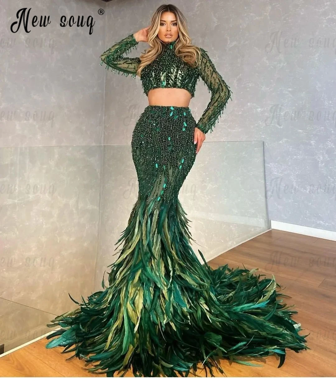 

Luxury Dark Green Feather Formal Evening Dress Two Pieces Gorgeous Beading Celebrity Dresses Custom Made Vestido De Noiva