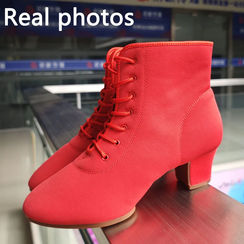 New Women Ballroom Latin Dance Shoes Jazz Modern Dance Shoes Lace Up Dancing Boots Red Black Sports Dancing Sneakers