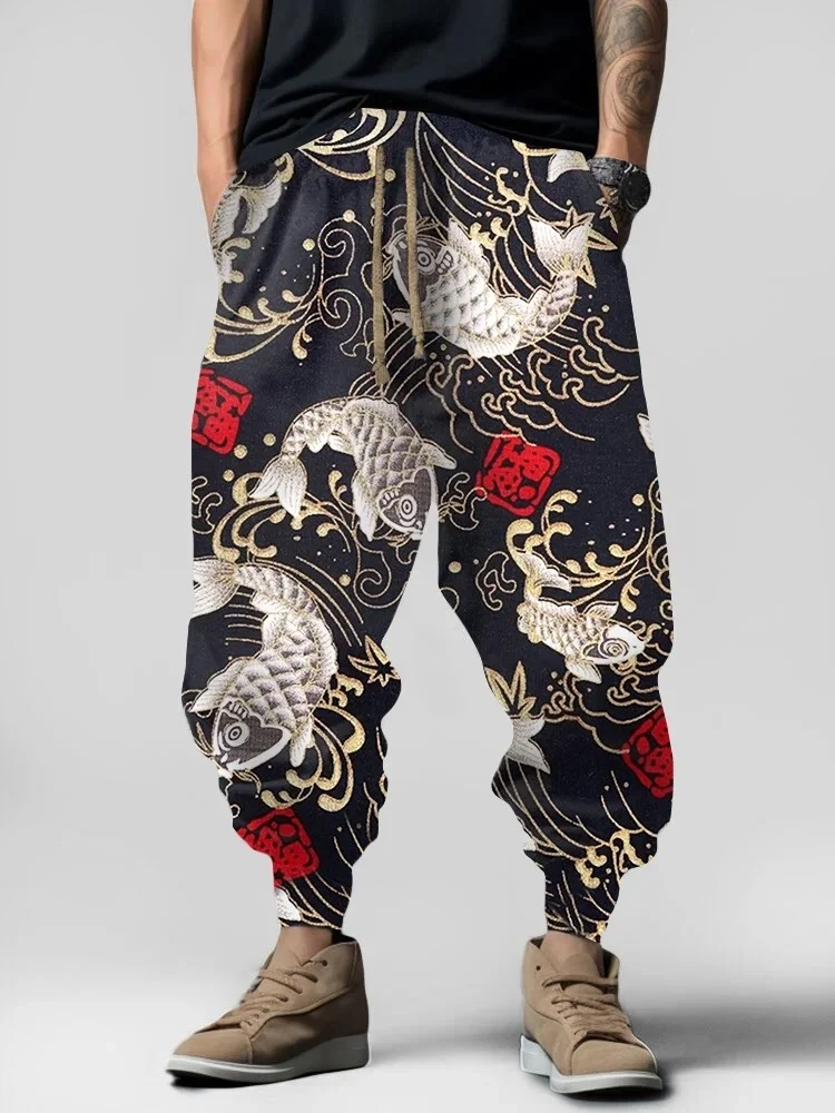 

Men's Japanese Art Carp Element Pattern Print Retro Sweatpants Casual Loose Long Pants Vintage 2026 Summer Harem Trousers