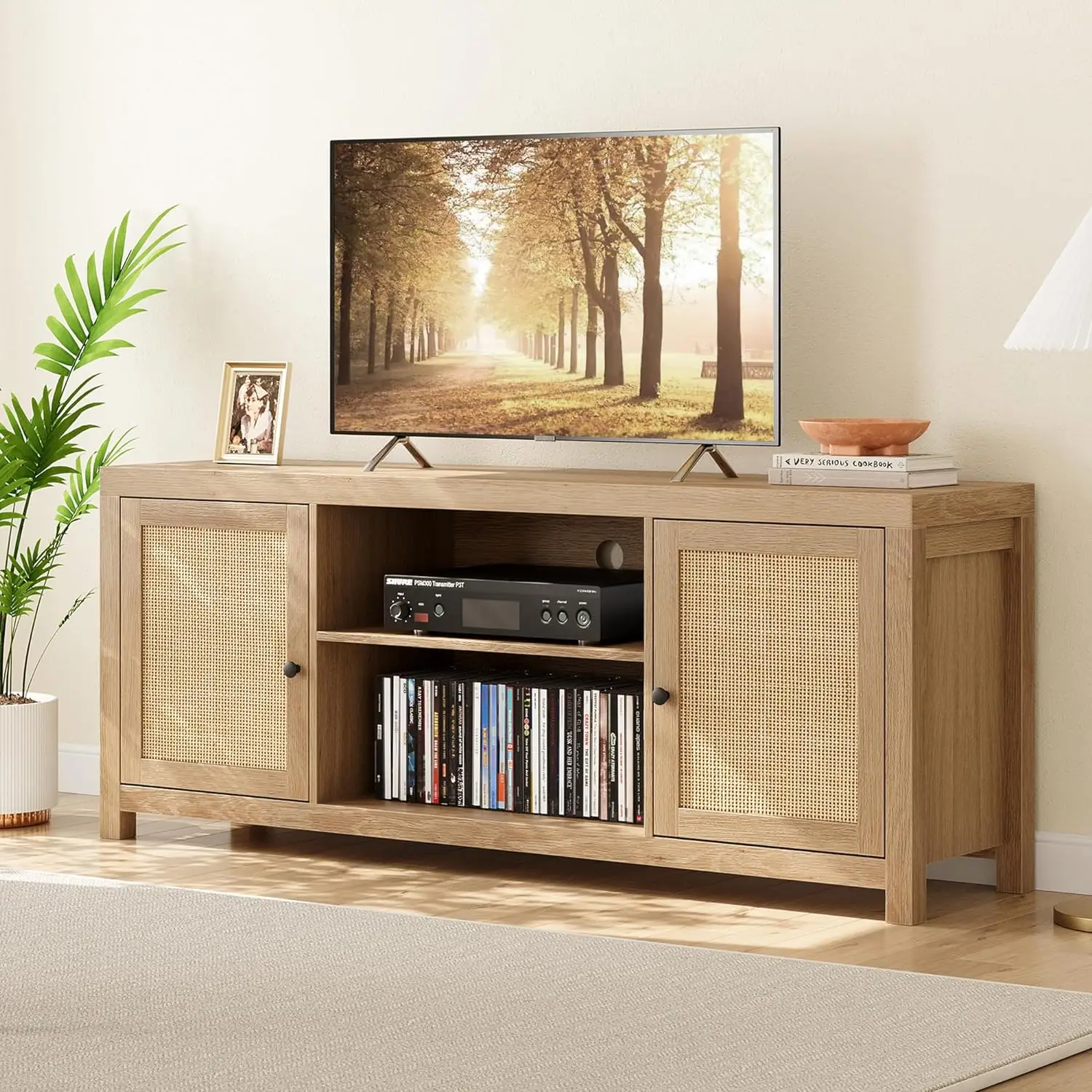 TV Stand com Armazenamento e Portas, Media Console, Sob TV Gabinete, Móveis de Madeira para Sala de Estar, Carvalho Natural, 65"