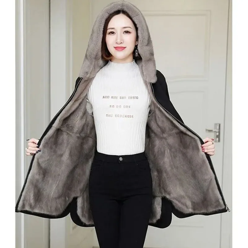 

Add Velvet Parkas Women Winter Faux Fur Jacket Large Size Thick Hooded Cotton Padded Coat Sheep Shearing Fleece Inner Overcoat