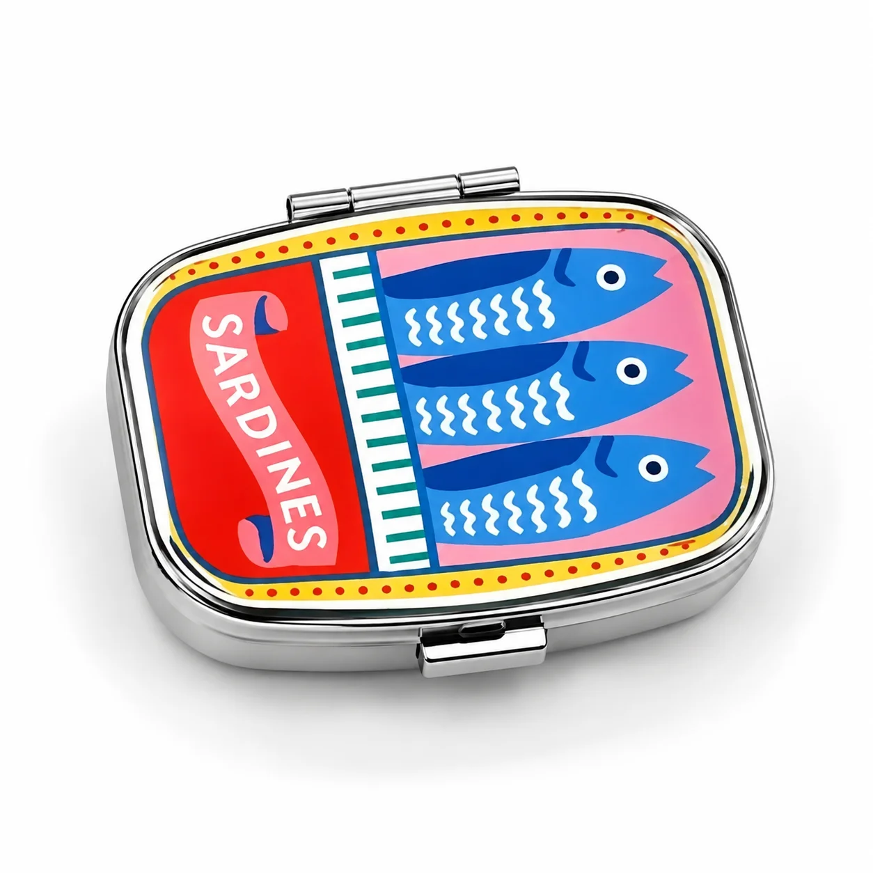 Portable Pill Box Sardine Print Metal Medicine Case Double Compartment Travel Tablet Organizer Pocket Pill Holder Storage Box
