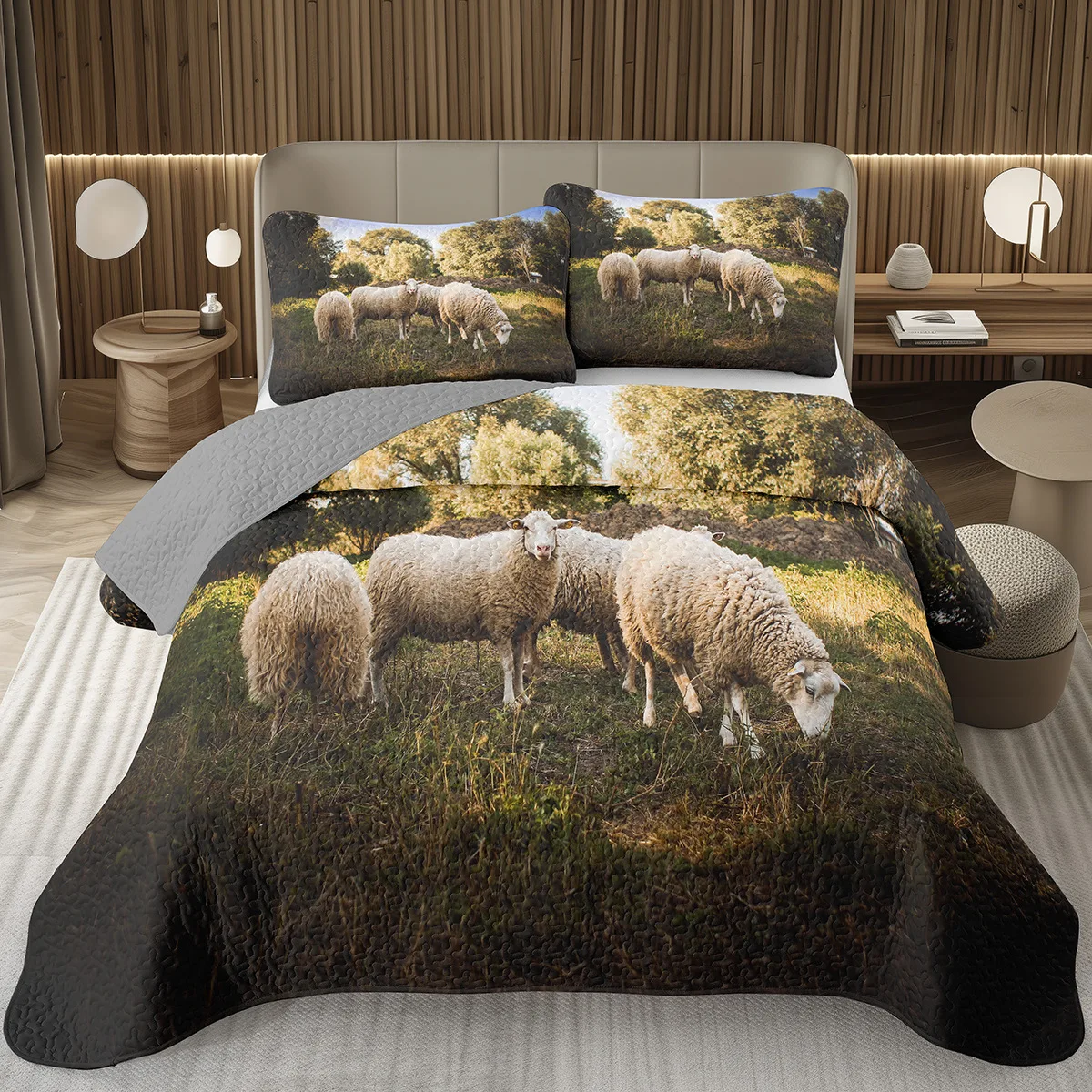 

Cute Sheep Bedspread Queen/Twin Farm Animal Bedding Set Wildlife Farmhouse Coverlet for Boys Girls Reversible Grey Quilt Cover