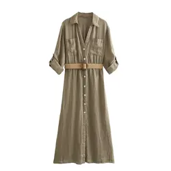 Tangada 2024 Women Cotton Linen Loose Dress With Belt Long Sleeve Causal Ladies Midi Dress 4M030