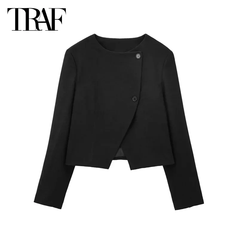 TRAF Women\'s Jackt Burgundy Cropped Jackets Women 2024 Autumn Asymmetrical Short Coats Office Wear Long Sleeve Black Outerwears