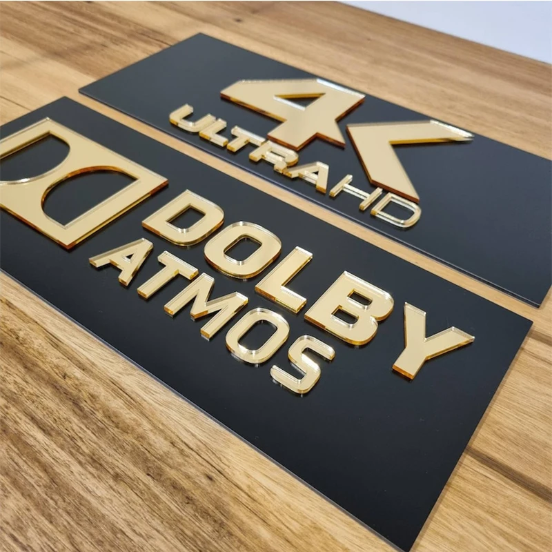 3D Gold Mirror Home Cinema Sign - 4K Ultra HD THX KRIX DTS:X Dolby Atmos Acrylic Wandschild for Heimkino Room
