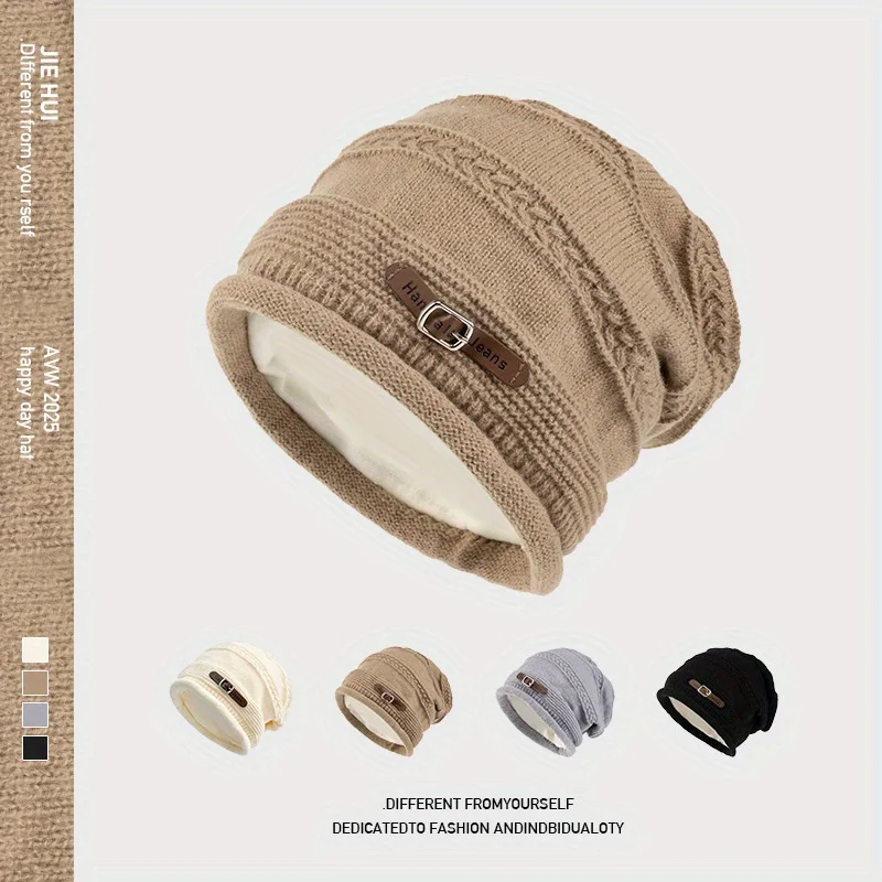 Autumn Winter Knit Beanie - Fashion Loose Fit Turban for Large Head, Fleece Lined Stackable Hat for Women with Gift Packaging