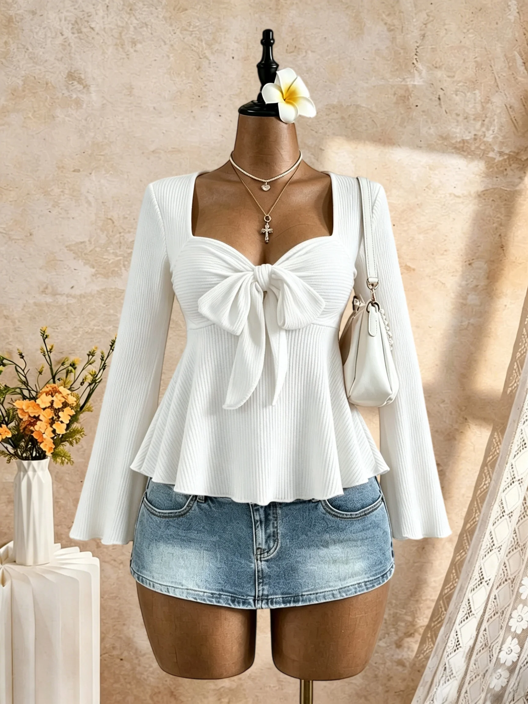 Plus Size Square Neck Tie Front Ribbed Bell Long Sleeve Ruffle Hem Top Slim Fit Y2K Sexy Casual Party Shirt