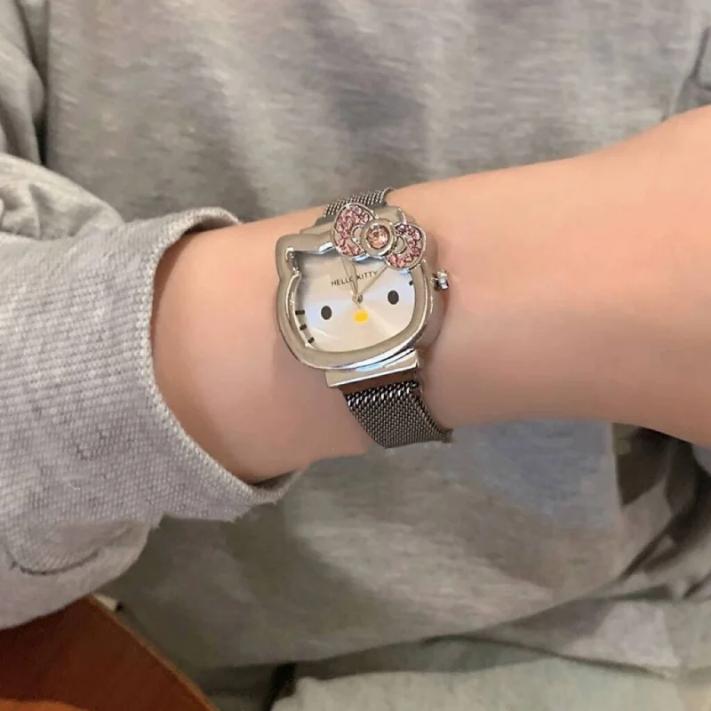 ساعة Hello Kitty Diamond - تصميم بعقدة على شكل فيونكة مع حزام مغناطيسي، ساعة كرتونية لطيفة للفتيات والطلاب