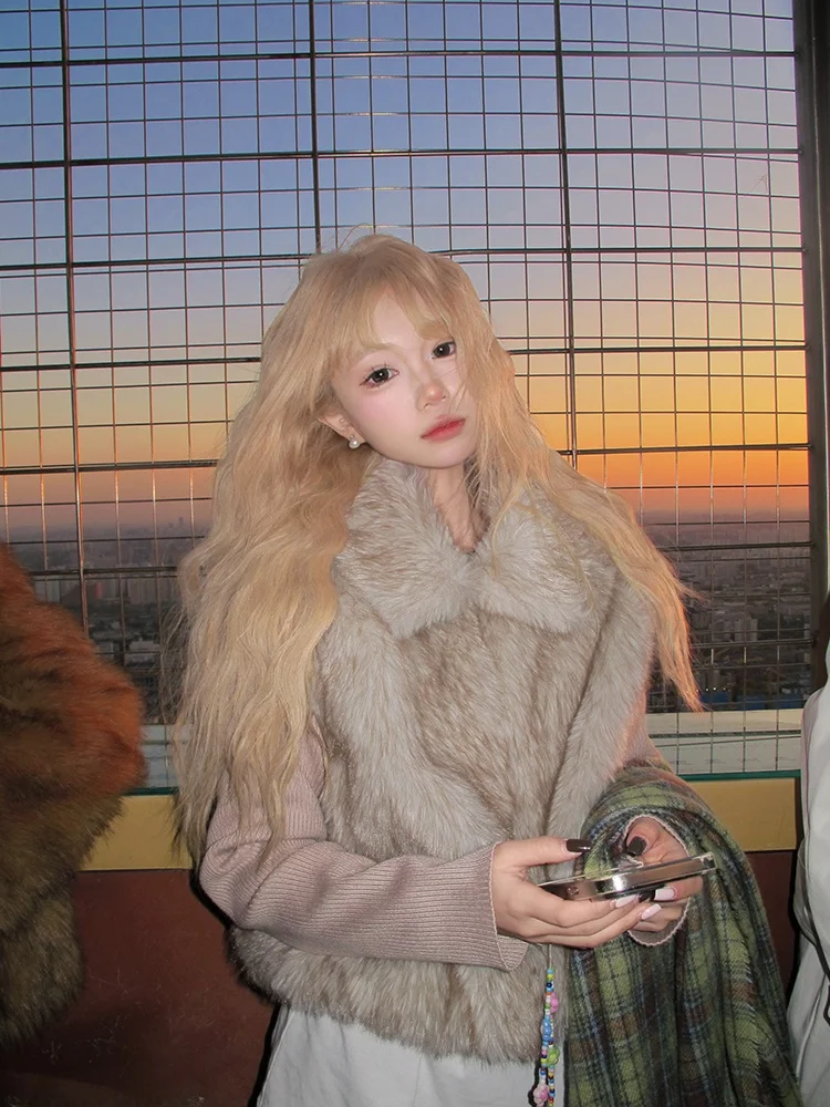 

JMJ American Sle Faux Fur Plaid Knitted Jaet Women's Autumn Winter Casual High Sensation Fake Two-Piece Cotton Coat