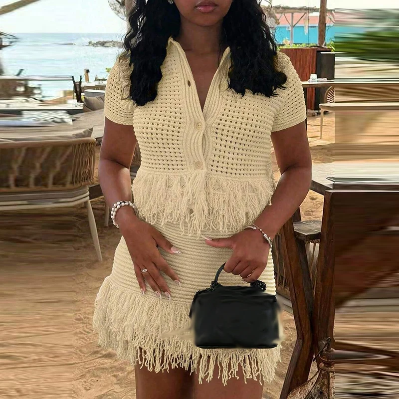 

Casual Short Sleeve Women Solid Set Elegant Tassel Hollow Knitted Summer Outfit Fashion Lapel Button Shirt & Mini Skirt 2Pc Suit
