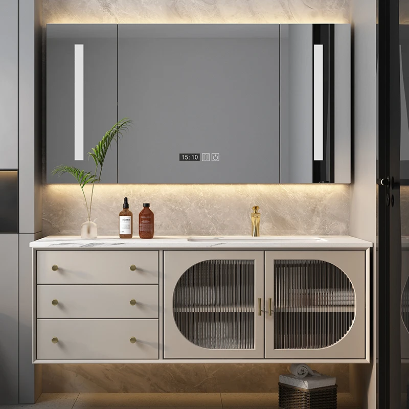 American style light luxury bathroom cabinet, hanging cabinet, rock slab solid wood bathroom cabinet, mirror cabinet, modern