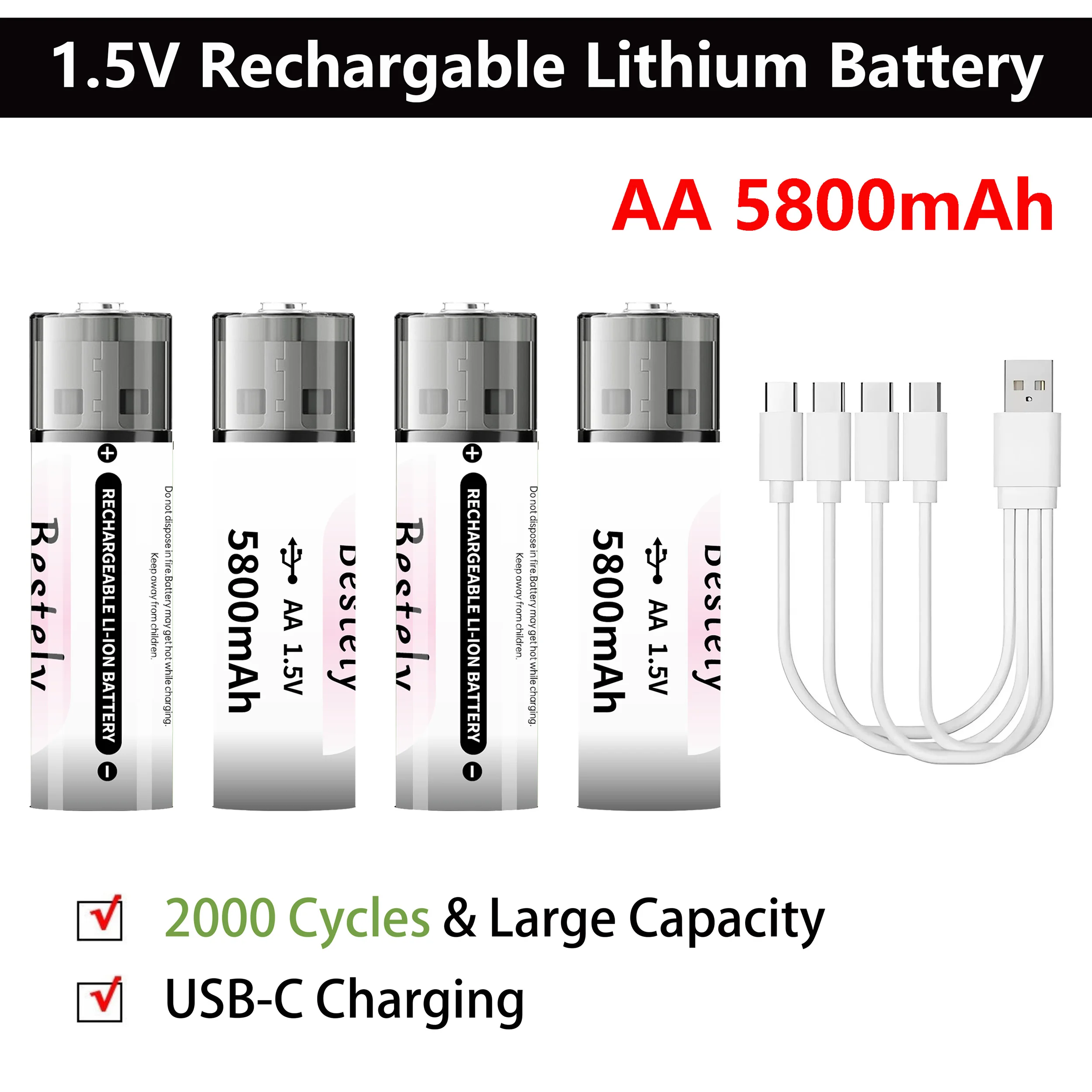 

Литиевая аккумуляторная батарея типа АА 1,5 В, 5800 мАч, USB-литий-ионная, высокая емкость, 1,5 часа, быстрая зарядка, долговечность