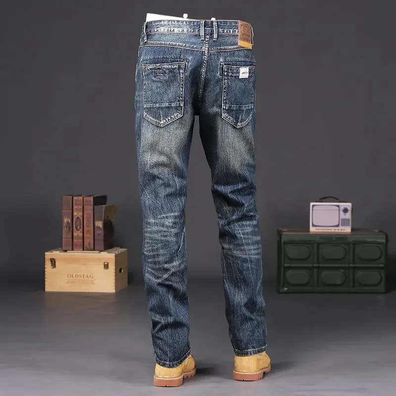 Trousers Vintage Washed Straight Jeans for Men Work Wear Male Cowboy Pants with Pockets Plus Size Aesthetic Cheap Retro Classic