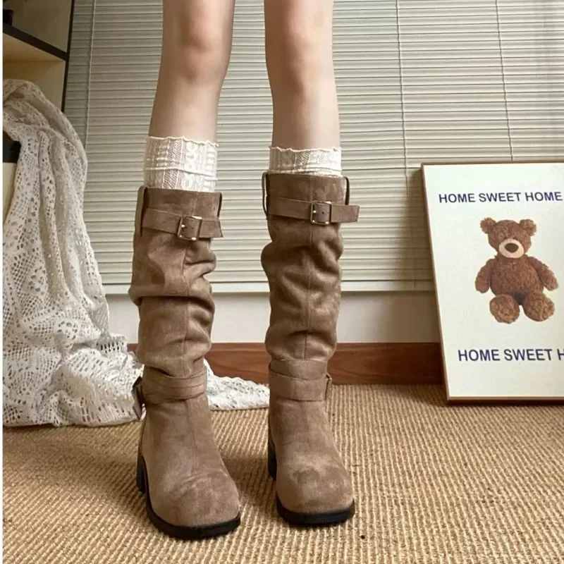 2024 Spring and Autumn High Quality Women\'s Shoes Fashionable Round Toe Medium Heel Solid Color Suede Sleeve Women\'s High Boots
