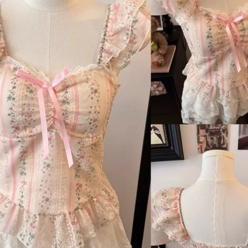 

Cute Flared Sleeves T-shirt Summer Lace Slim Floral Print Square Neck Straps Top Women Y2K Clothes Bow Aesthetic Tshirt Kawaii