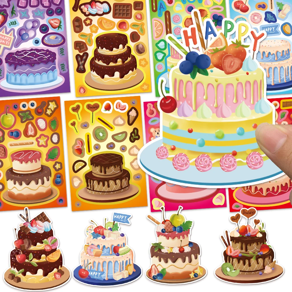 8 قطع من ملصقات الكيك الإبداعية تمنيات تتيح إلى ملصقات ألغاز تجميع ملصقات كرتونية ذاتية الصنع