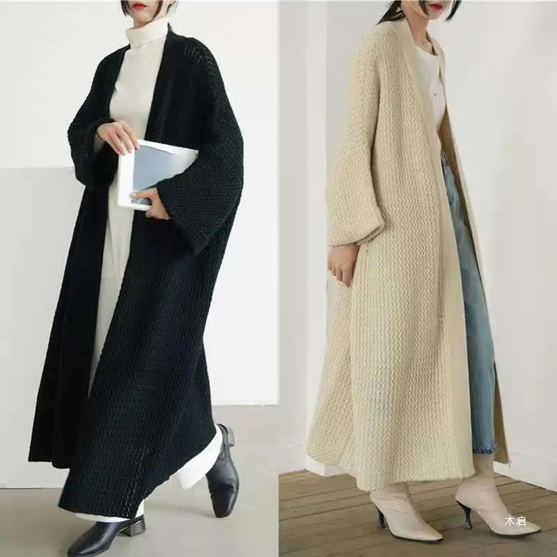 Loose Long Knitted Cardigan Idle Style over the Knee Thread FatmmOversized Sweater Coat Women's Thick M