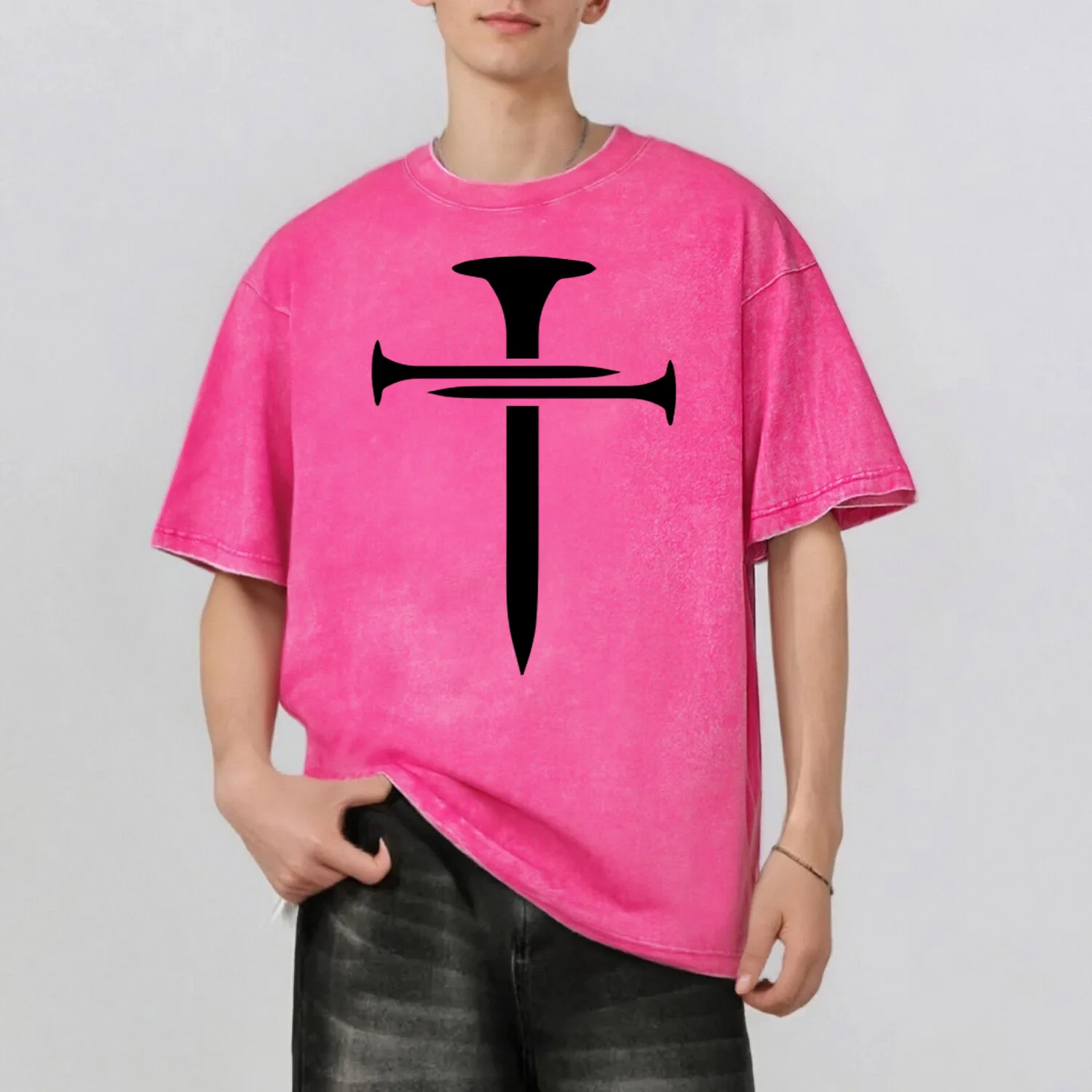 

Cross Graphic Printing Men's Summer Retro Style Washed Water T-Shirt Casual Short Sleeved Basic Men's Top 230G