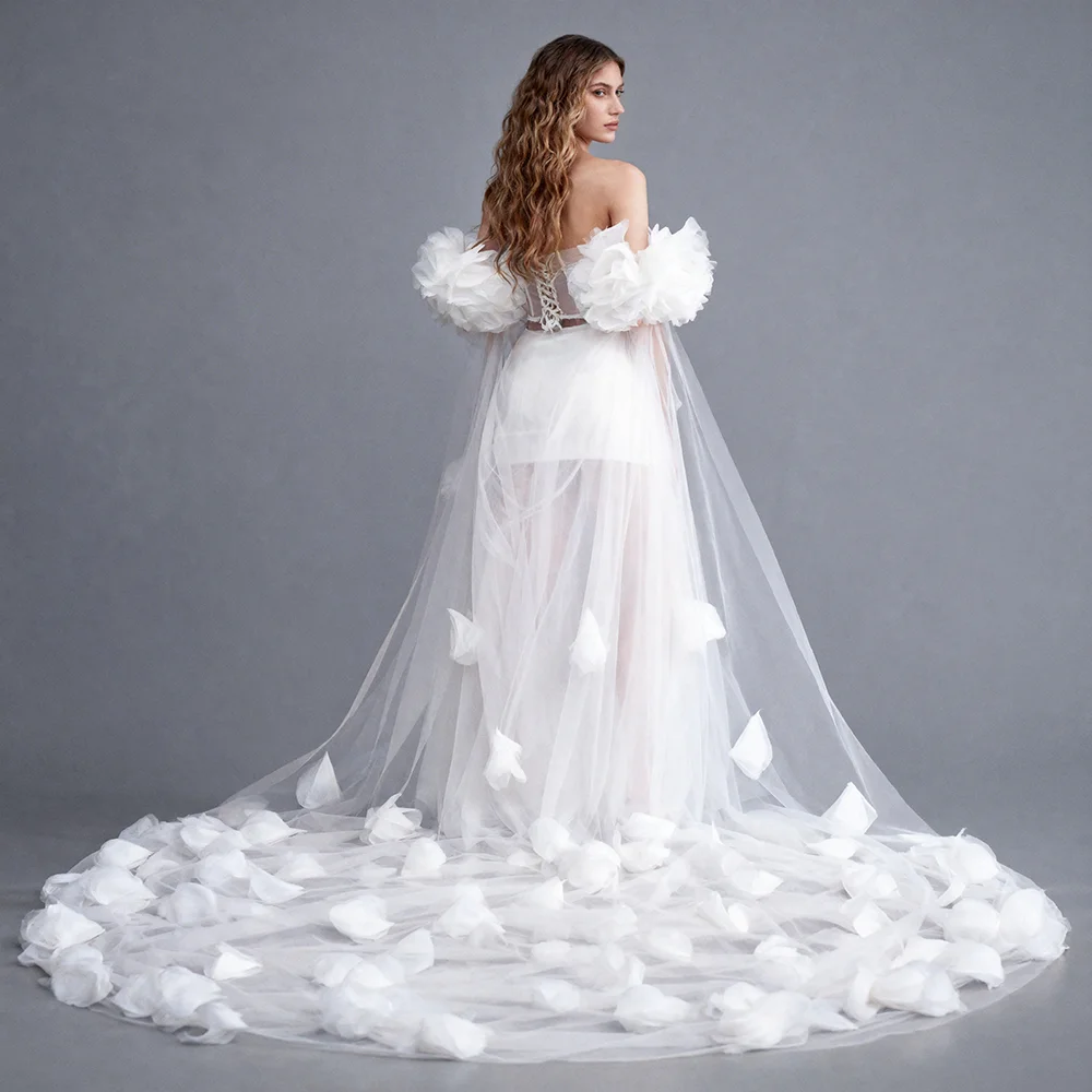 Wedding Cape Elegant White Off Shoulder 3D Floral Petal Tulle Bridal Cape with Train Detachable Women's Ceremony Jacket ES64101D