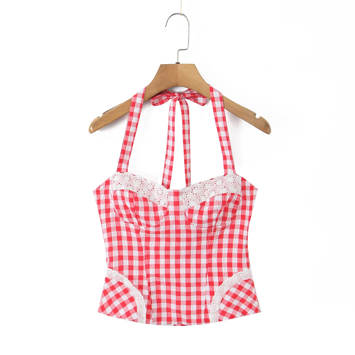 Sexy Red White Plaid Print Bow Halter Tank Top Women Spliced Lace Bra Chest Zip Back Slim Waist Backless Crop Camis Summer Vest