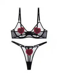 Christmas Lingerie Sequin Heart Ultra Thin Lace Bra Sexy Sheer Bra Thongs