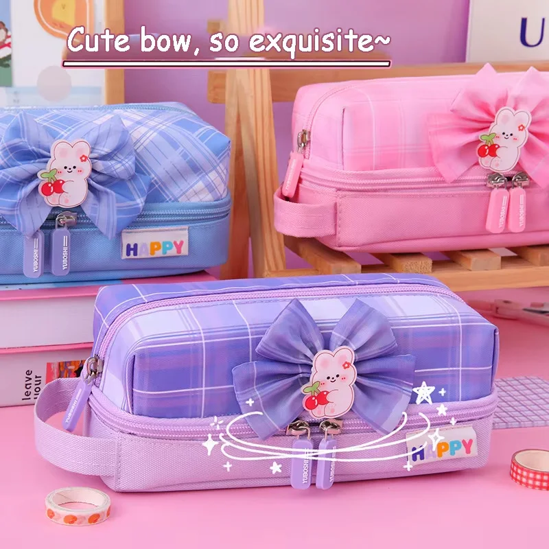 

INS Sweet Bow Pencil Case Cute Girl Heart Checkered Pencil Bag for Girls Kawaii Statioery Large Capacity Bowtie Storage Bag